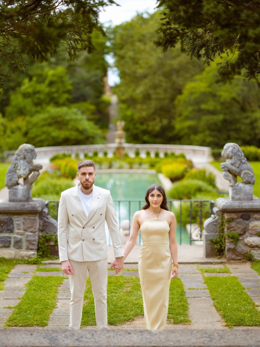 Couple at a fountain in Bingham Farms