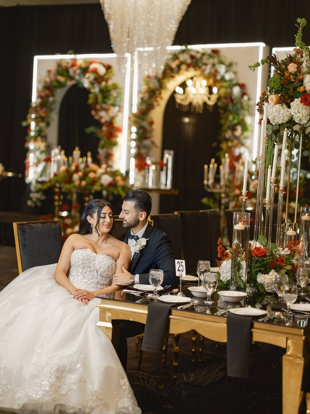Candlelit reception tablescape with florals